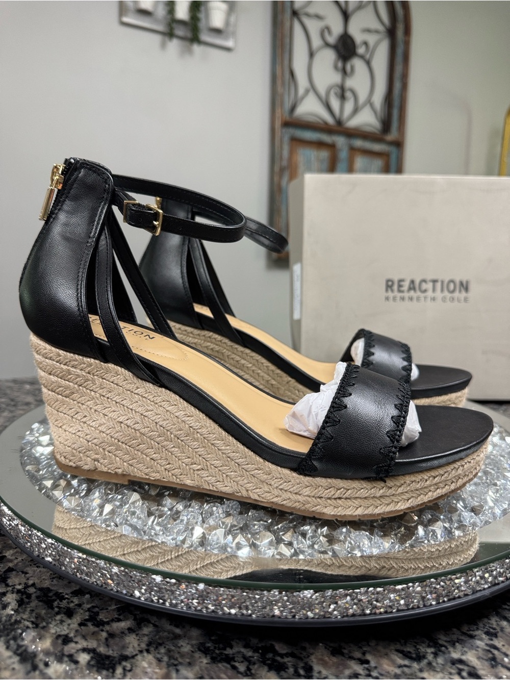 Reaction Kenneth Cole Black Leather Espadrille Wedge Sandals